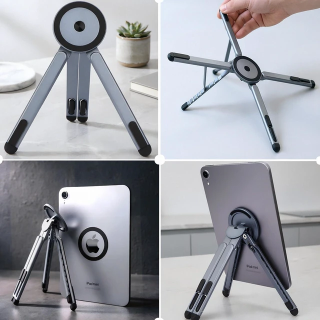 Alt view image 4 of 7 - 3-in-1 Foldable Magnetic Stand for Laptop, Tablet & Phone, Grey Aluminum Alloy Holder Adjustable Portable & Stable Desktop Riser for MacBook, iPad, iPhone, Samsung