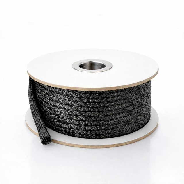Main image of 100ft Expandable Non-Split PET Braided Cable Sleeve, High-Temperature Black Loom for Automotive Harness and Chew-Resistant Home Office Wire Management (1/4")