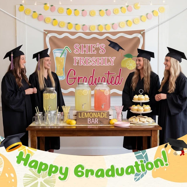 Alt view image 6 of 6 - 2026 Graduation Lemonade Bar Decoration 70.87 x 43.31 inch She's Freshly Graduated Backdrop Fun Congrats Grad Banner for Lemonade Bar Graduate Party Supplies Photo Booth Props