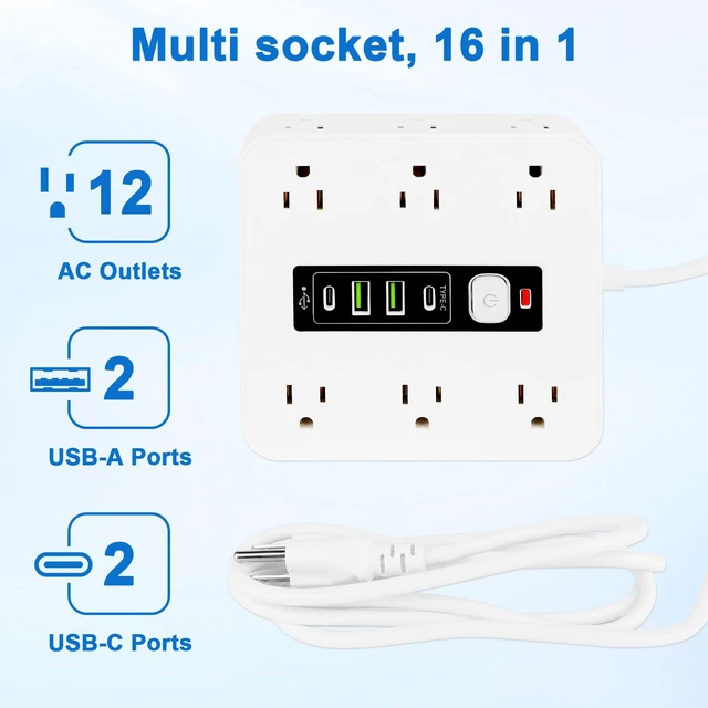 Alt view image 2 of 7 - 16-in-1 Power Strip Surge Protector, 12 AC Outlets & 2 USB-C, 2 USB-A 6.6FT Extension Cord with Overload Protection, Wide Spaced Outlets for Home, Office, Gaming and Travel