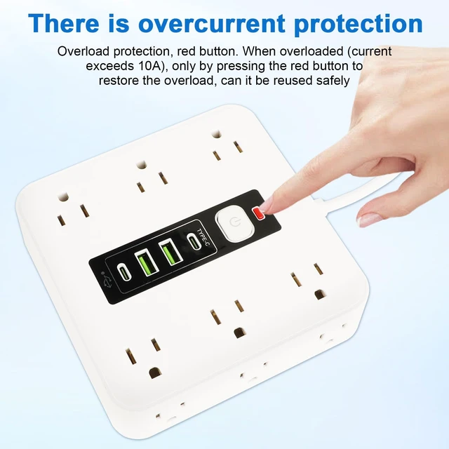 Alt view image 3 of 7 - 16-in-1 Power Strip Surge Protector, 12 AC Outlets & 2 USB-C, 2 USB-A 6.6FT Extension Cord with Overload Protection, Wide Spaced Outlets for Home, Office, Gaming and Travel