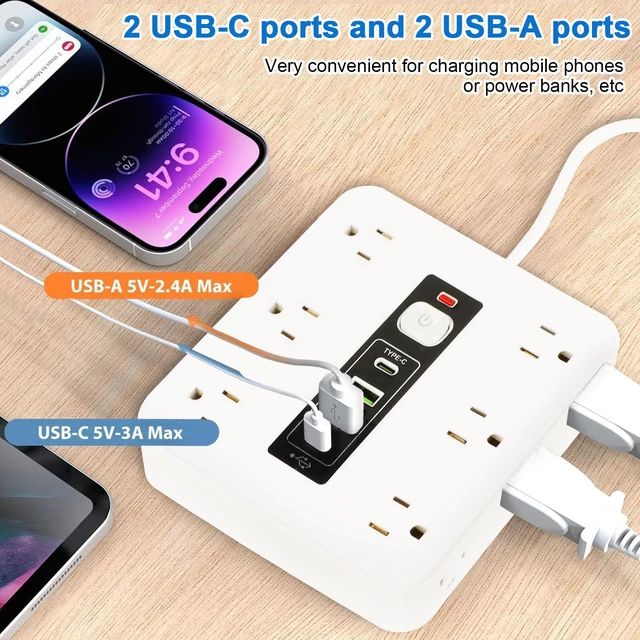 Alt view image 4 of 7 - 16-in-1 Power Strip Surge Protector, 12 AC Outlets & 2 USB-C, 2 USB-A 6.6FT Extension Cord with Overload Protection, Wide Spaced Outlets for Home, Office, Gaming and Travel