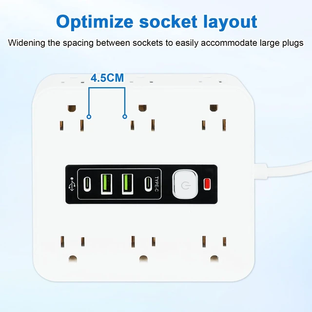 Alt view image 5 of 7 - 16-in-1 Power Strip Surge Protector, 12 AC Outlets & 2 USB-C, 2 USB-A 6.6FT Extension Cord with Overload Protection, Wide Spaced Outlets for Home, Office, Gaming and Travel