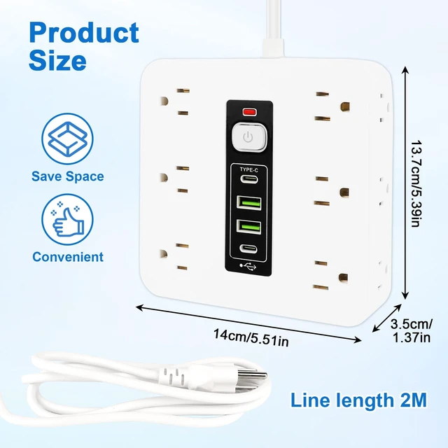 Alt view image 6 of 7 - 16-in-1 Power Strip Surge Protector, 12 AC Outlets & 2 USB-C, 2 USB-A 6.6FT Extension Cord with Overload Protection, Wide Spaced Outlets for Home, Office, Gaming and Travel