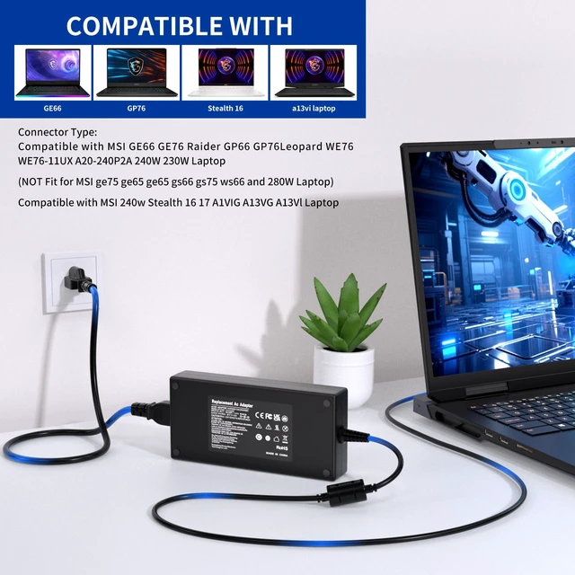 Alt view image 5 of 7 - 240W for MSI Laptop Charger USB Tip Fit for Stealth 17 Raider Creator Pro Compatible with MSI Stealth 17 Creator Z16 GE76, Stealth 16 Studio Creator Pro Z16P HX/Z16HX Creator Pro Z17 HX/X17HX X17