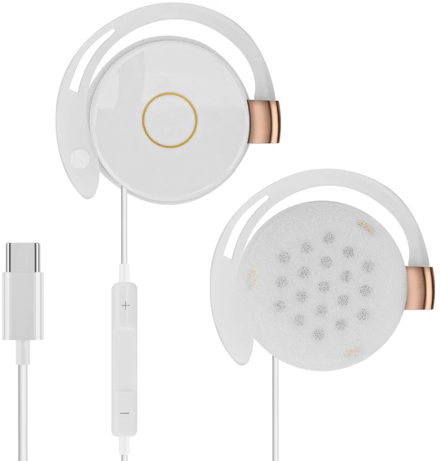Main image of USB-C Clip-On Earbuds with Mic & Volume Control, White, 3.9 ft Non-In-Ear Open Fit, Soft Foam Earpads, For USB-C Phones, Tablets, Laptops And PC, Plug-And-Play, Storage Case Included