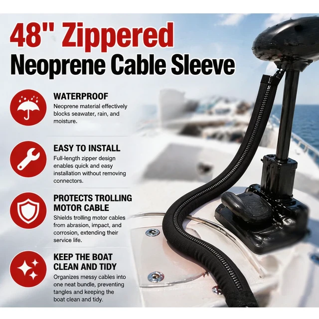 Alt view image 3 of 6 - 48" Zippered Trolling Motor Cable Sleeve, Trolling Motor Sleeve & Outboard Motor Sleeve Cover for Protection & Management (Black)