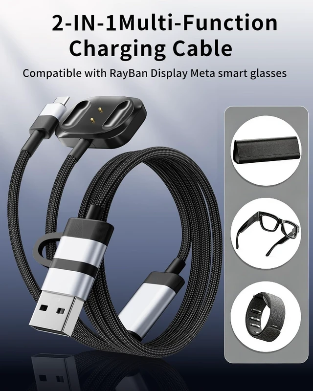Alt view image 2 of 7 - 2-in-1 Magnetic Charger for Meta Neural Band & Display Smart Glasses, Fast Charging Cable for Meta Ray-Ban Display Smart Glasses, USB-C Safe and Portable Travel/Car/Phone/Laptop Charging Cable