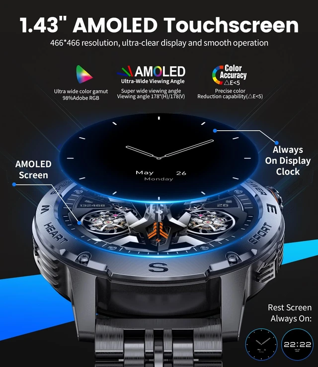 Alt view image 7 of 7 - Military Smart Watch for Men, 1.43'' AMOLED Rugged Smart Watch with 600mAh Battery/Heart Rate/Blood Pressure/Sleep Monitor,IP68 Waterproof Fitness Tracker Silver Watch for Android iPhone