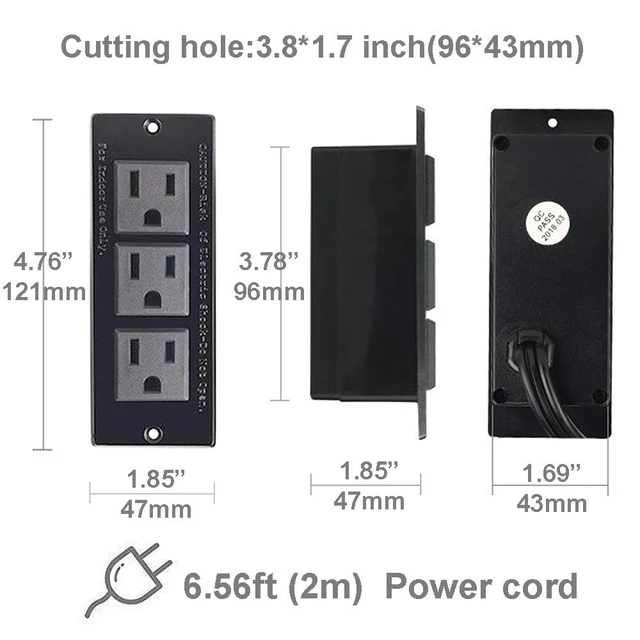 Alt view image 2 of 6 - Recessed Power Strip Black Desk Mount Power Grommet Socket for Cabinet 3 AC Outlets 6.56'ft Power Cord for Counter Drawer Furniture Workbench UL ETL Certificated