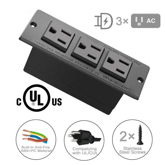 Alt view image 3 of 6 - Recessed Power Strip Black Desk Mount Power Grommet Socket for Cabinet 3 AC Outlets 6.56'ft Power Cord for Counter Drawer Furniture Workbench UL ETL Certificated