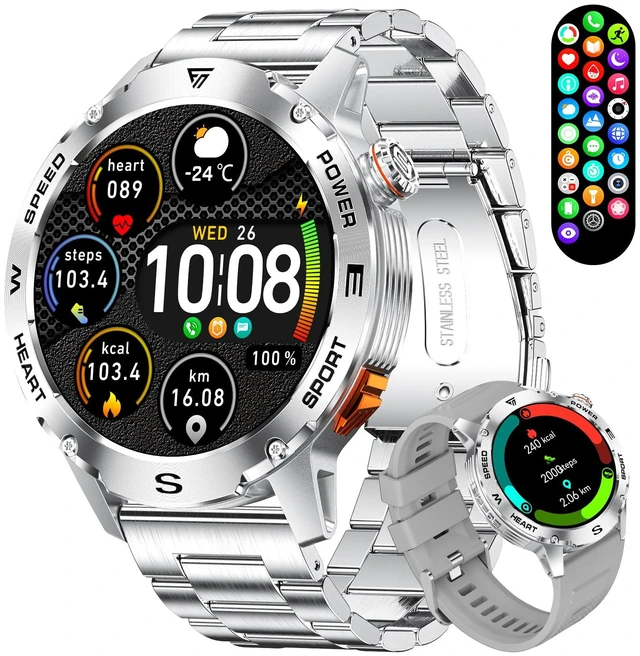 Main image of Military Smart Watch for Men, 1.43'' AMOLED Rugged Smart Watch with 600mAh Battery/Heart Rate/Blood Pressure/Sleep Monitor,IP68 Waterproof Fitness Tracker Silver Watch for Android iPhone