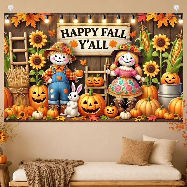 Alt view image 3 of 7 - Happy Fall Y'all Banner Scarecrow Pumpkin Backdrop 71 x 43 Inch Happy Fall Scarecrow Banner, Jack O Lantern Pumpkin Farm Background, Thanksgiving Party Decor for Porch and Photo Booth