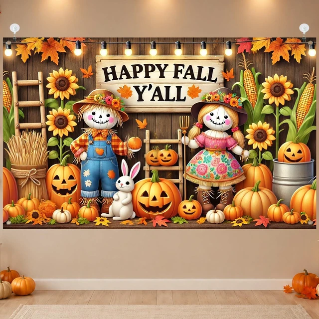 Alt view image 4 of 7 - Happy Fall Y'all Banner Scarecrow Pumpkin Backdrop 71 x 43 Inch Happy Fall Scarecrow Banner, Jack O Lantern Pumpkin Farm Background, Thanksgiving Party Decor for Porch and Photo Booth