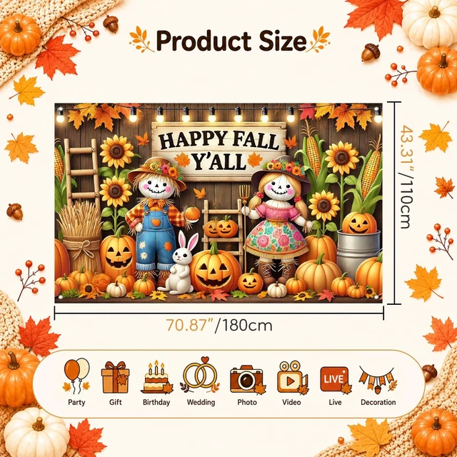 Alt view image 5 of 7 - Happy Fall Y'all Banner Scarecrow Pumpkin Backdrop 71 x 43 Inch Happy Fall Scarecrow Banner, Jack O Lantern Pumpkin Farm Background, Thanksgiving Party Decor for Porch and Photo Booth