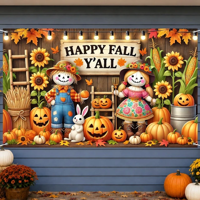 Alt view image 2 of 7 - Happy Fall Y'all Banner Scarecrow Pumpkin Backdrop 71 x 43 Inch Happy Fall Scarecrow Banner, Jack O Lantern Pumpkin Farm Background, Thanksgiving Party Decor for Porch and Photo Booth