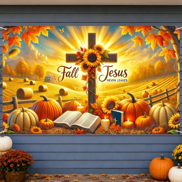 Alt view image 2 of 7 - Fall Thanksgiving Backdrop Banner 71x43 Inchs Fall for Jesus Theme Decorations Never Leaves Pumpkins Backdrop Banner Autumn Thanksgiving Party Supplies Yard Decor