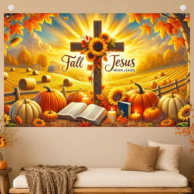 Alt view image 3 of 7 - Fall Thanksgiving Backdrop Banner 71x43 Inchs Fall for Jesus Theme Decorations Never Leaves Pumpkins Backdrop Banner Autumn Thanksgiving Party Supplies Yard Decor