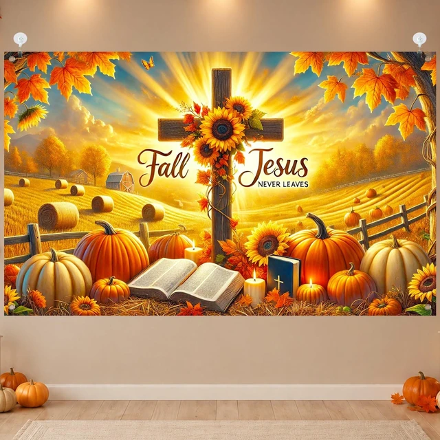 Alt view image 4 of 7 - Fall Thanksgiving Backdrop Banner 71x43 Inchs Fall for Jesus Theme Decorations Never Leaves Pumpkins Backdrop Banner Autumn Thanksgiving Party Supplies Yard Decor