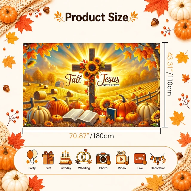 Alt view image 5 of 7 - Fall Thanksgiving Backdrop Banner 71x43 Inchs Fall for Jesus Theme Decorations Never Leaves Pumpkins Backdrop Banner Autumn Thanksgiving Party Supplies Yard Decor