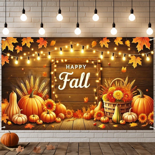 Main image of Fall Pumpkin Banner Fall Thanksgiving Decorations 71 x 43 Inch Happy Fall Pumpkin Harvest Wood Backdrop with Maple Leaves, Wheat and String Lights for Autumn Thanksgiving Party Decorations