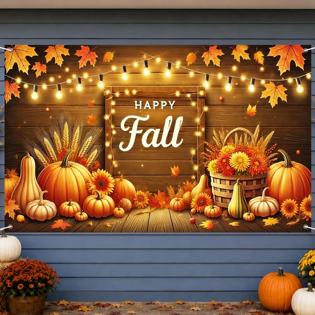 Alt view image 2 of 7 - Fall Pumpkin Banner Fall Thanksgiving Decorations 71 x 43 Inch Happy Fall Pumpkin Harvest Wood Backdrop with Maple Leaves, Wheat and String Lights for Autumn Thanksgiving Party Decorations