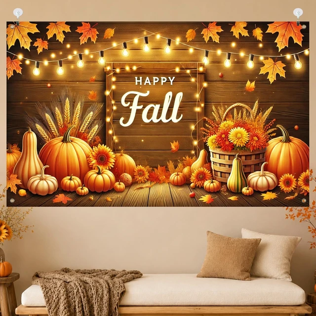 Alt view image 3 of 7 - Fall Pumpkin Banner Fall Thanksgiving Decorations 71 x 43 Inch Happy Fall Pumpkin Harvest Wood Backdrop with Maple Leaves, Wheat and String Lights for Autumn Thanksgiving Party Decorations