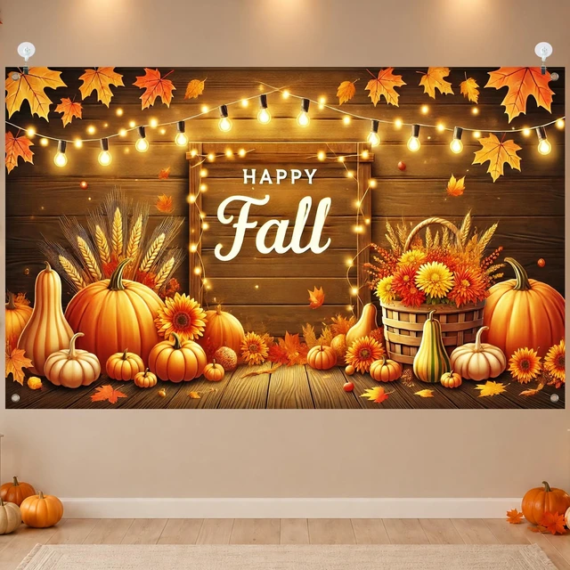 Alt view image 4 of 7 - Fall Pumpkin Banner Fall Thanksgiving Decorations 71 x 43 Inch Happy Fall Pumpkin Harvest Wood Backdrop with Maple Leaves, Wheat and String Lights for Autumn Thanksgiving Party Decorations