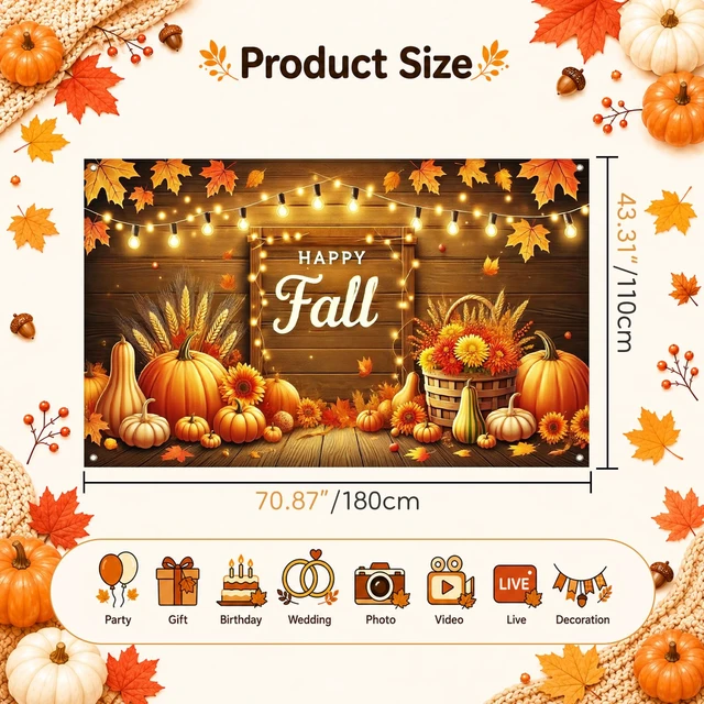 Alt view image 5 of 7 - Fall Pumpkin Banner Fall Thanksgiving Decorations 71 x 43 Inch Happy Fall Pumpkin Harvest Wood Backdrop with Maple Leaves, Wheat and String Lights for Autumn Thanksgiving Party Decorations