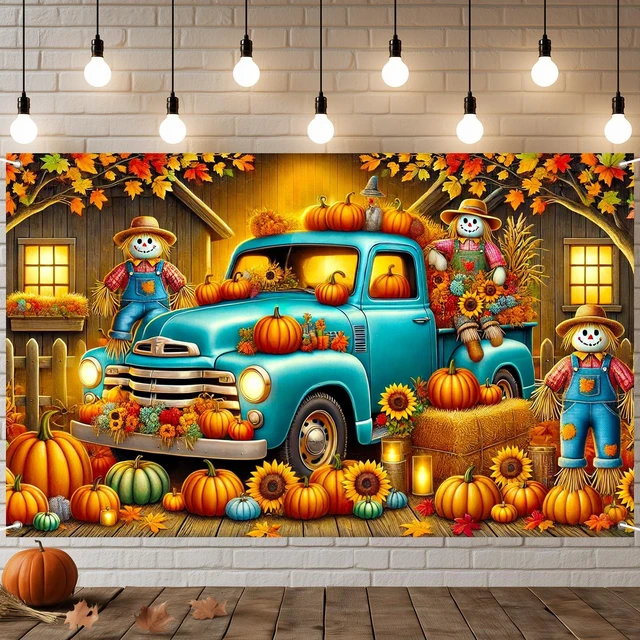 Main image of Fall Truck Backdrop Pumpkin Scarecrow Banner 71 x 43 Inch Vintage Blue Truck Pumpkin Patch and Scarecrow Farm Background for Fall Festival Harvest Party and Thanksgiving Decorations