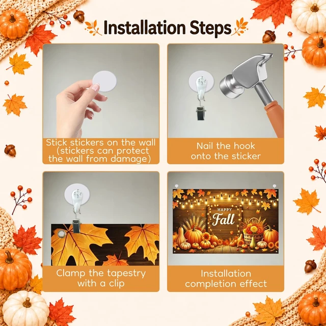 Alt view image 7 of 7 - Fall Pumpkin Banner Fall Thanksgiving Decorations 71 x 43 Inch Happy Fall Pumpkin Harvest Wood Backdrop with Maple Leaves, Wheat and String Lights for Autumn Thanksgiving Party Decorations