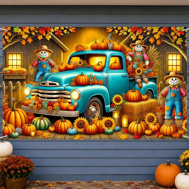 Alt view image 2 of 7 - Fall Truck Backdrop Pumpkin Scarecrow Banner 71 x 43 Inch Vintage Blue Truck Pumpkin Patch and Scarecrow Farm Background for Fall Festival Harvest Party and Thanksgiving Decorations