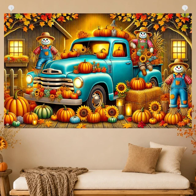 Alt view image 3 of 7 - Fall Truck Backdrop Pumpkin Scarecrow Banner 71 x 43 Inch Vintage Blue Truck Pumpkin Patch and Scarecrow Farm Background for Fall Festival Harvest Party and Thanksgiving Decorations