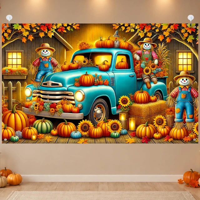 Alt view image 4 of 7 - Fall Truck Backdrop Pumpkin Scarecrow Banner 71 x 43 Inch Vintage Blue Truck Pumpkin Patch and Scarecrow Farm Background for Fall Festival Harvest Party and Thanksgiving Decorations