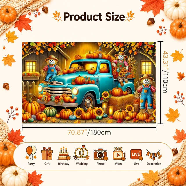 Alt view image 5 of 7 - Fall Truck Backdrop Pumpkin Scarecrow Banner 71 x 43 Inch Vintage Blue Truck Pumpkin Patch and Scarecrow Farm Background for Fall Festival Harvest Party and Thanksgiving Decorations