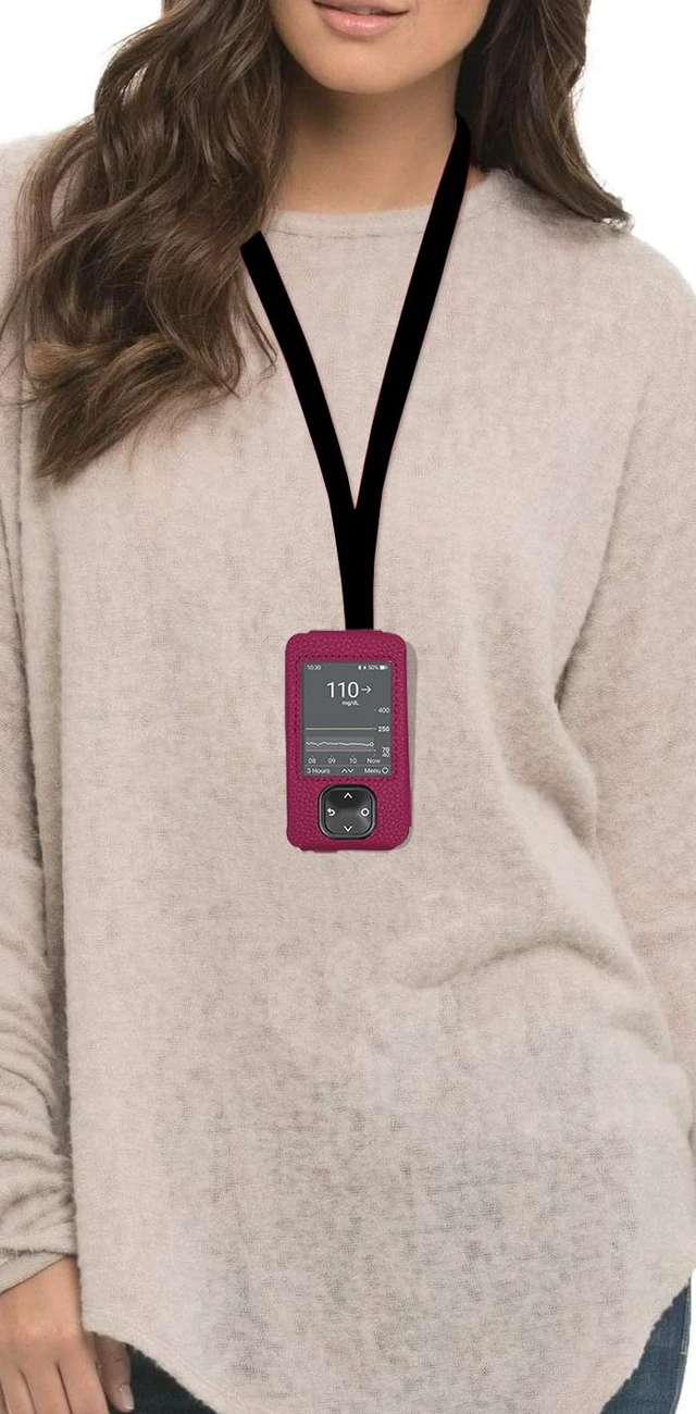 Alt view image 2 of 4 - Dexcom G7 / G6 Receiver Fitted Leather Case W/Screen Protector & Lanyard (Pink)