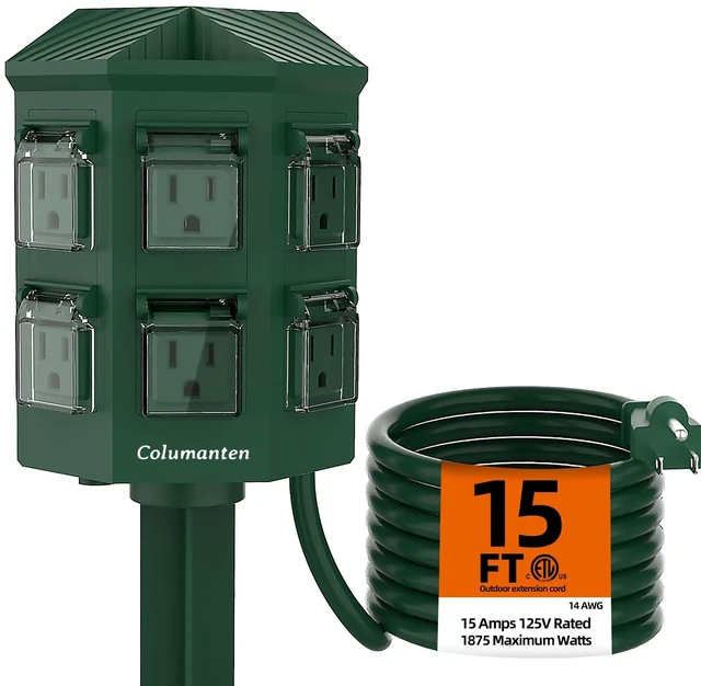 Main image of Outdoor Power Stake with 15ft Extension Cord Waterproof, Outdoor Power Strip with Covers, 6 Grounded Outlets for Christmas Lights, 15A/1875W, ETL Listed