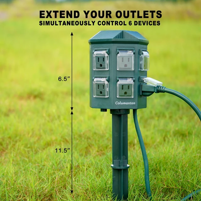 Alt view image 3 of 7 - Outdoor Power Stake with 15ft Extension Cord Waterproof, Outdoor Power Strip with Covers, 6 Grounded Outlets for Christmas Lights, 15A/1875W, ETL Listed