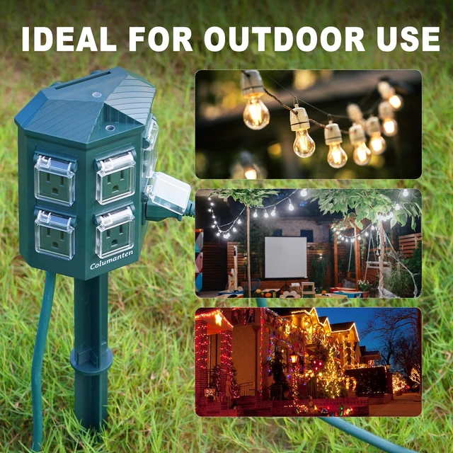 Alt view image 7 of 7 - Outdoor Power Stake with 15ft Extension Cord Waterproof, Outdoor Power Strip with Covers, 6 Grounded Outlets for Christmas Lights, 15A/1875W, ETL Listed