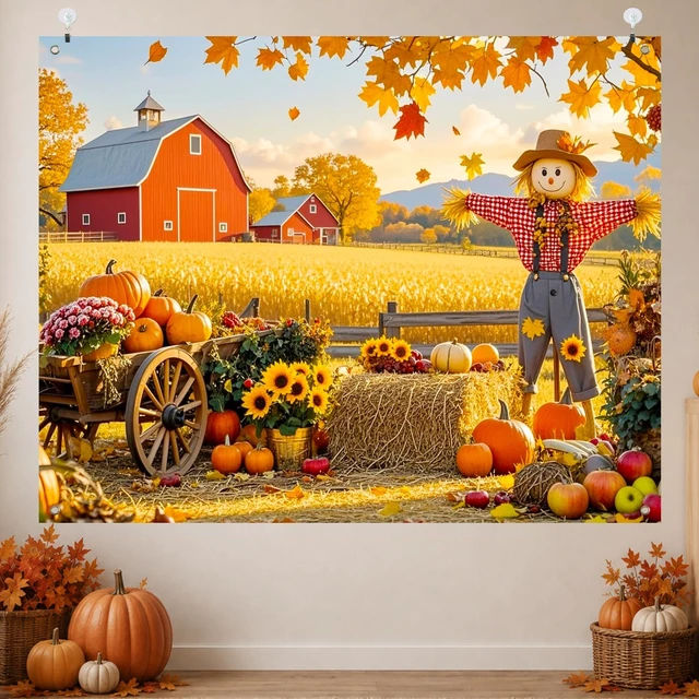 Alt view image 2 of 7 - Happy Fall Backdrop Scarecrow Sunflower Banner 8x6ft Fall Scarecrow Sunflowers Thanksgiving Banner for Autumn Indoor Outdoor Party Decoration and Photo Booth Background