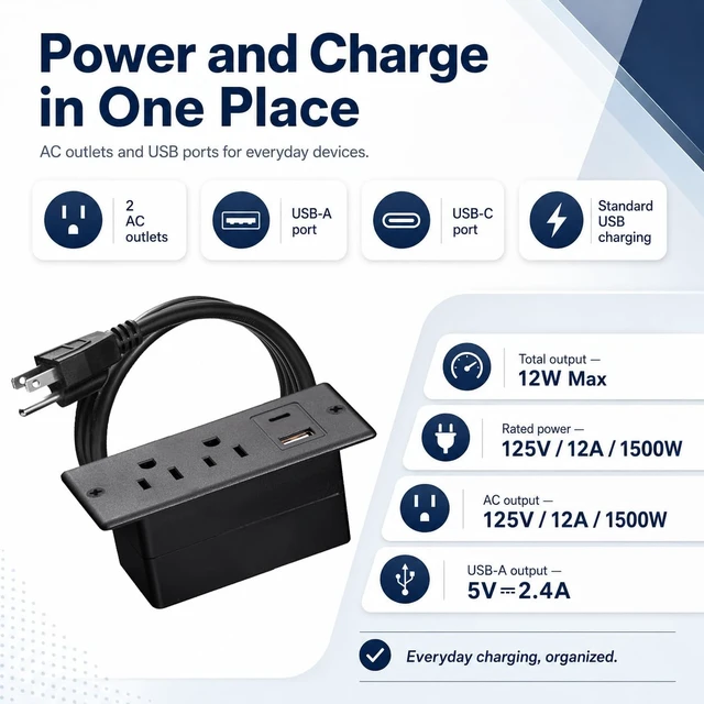 Alt view image 4 of 7 - Recessed Power Strip with USB-C and USB-A, 2 AC Outlets, in-Desk Flush Mount Power Strip, 125V 12A 1500W, for Desk Countertop Kitchen Island (Black, 4.9FT)