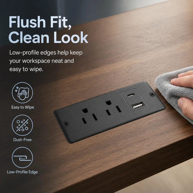 Alt view image 5 of 7 - Recessed Power Strip with USB-C and USB-A, 2 AC Outlets, in-Desk Flush Mount Power Strip, 125V 12A 1500W, for Desk Countertop Kitchen Island (Black, 4.9FT)