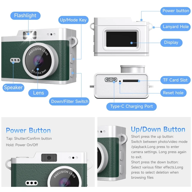 Alt view image 6 of 7 - Mini Keychain Digital Camera, Y2K Retro Pocket Camera, 1080P HD Small Video Recorder with 32GB SD Card for Travel, Vlogs & Daily Recording, Green