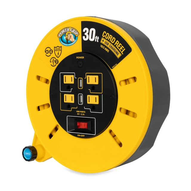 Alt view image 2 of 5 - 30-Ft 10 Amp RV Extension Cord Reel - Rated for 125V / 1,250W - Features 4 125V Electrical Outlets & 2 USB Ports - Includes On/Off Switch & Built-in Circuit Breaker (55290)