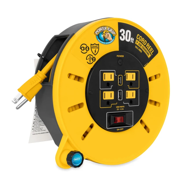 Alt view image 3 of 5 - 30-Ft 10 Amp RV Extension Cord Reel - Rated for 125V / 1,250W - Features 4 125V Electrical Outlets & 2 USB Ports - Includes On/Off Switch & Built-in Circuit Breaker (55290)