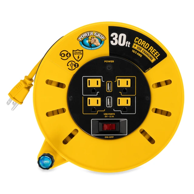 Alt view image 4 of 5 - 30-Ft 10 Amp RV Extension Cord Reel - Rated for 125V / 1,250W - Features 4 125V Electrical Outlets & 2 USB Ports - Includes On/Off Switch & Built-in Circuit Breaker (55290)
