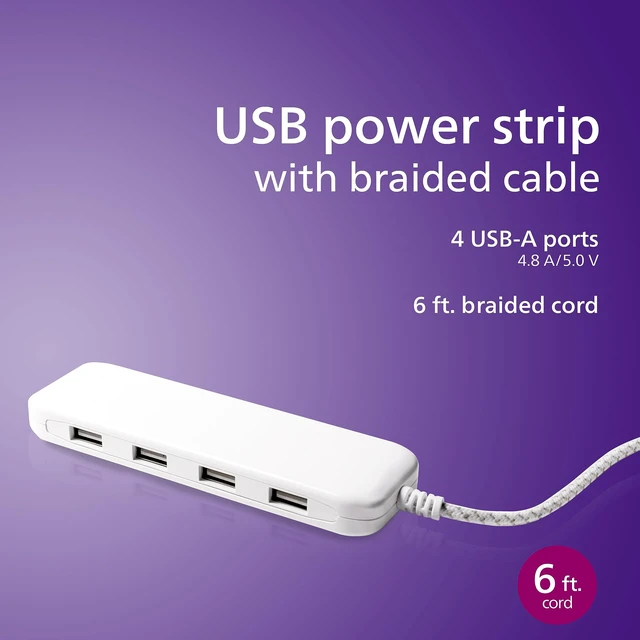 Alt view image 2 of 7 - 24W USB Extension Cord Power Strip Charging Station, for IPhone 11/Pro/Max/XS/XR/X/8, iPad Pro, Samsung Galaxy S10/S9/Plus, Google Pixel, USB-A, 6 ft. Braided Cord, DLK2506/27