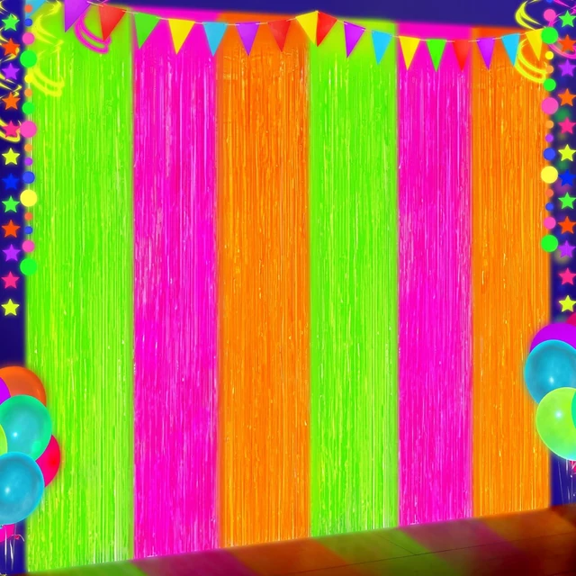 Main image of Glow in The Dark Party Supplies 4 Pack Neon Party Decorations Foil Fringe Curtains 3.3x6.6 ft Fluorescent Green Pink Orange Tinsel Streamers Glow Backdrop Photo Props