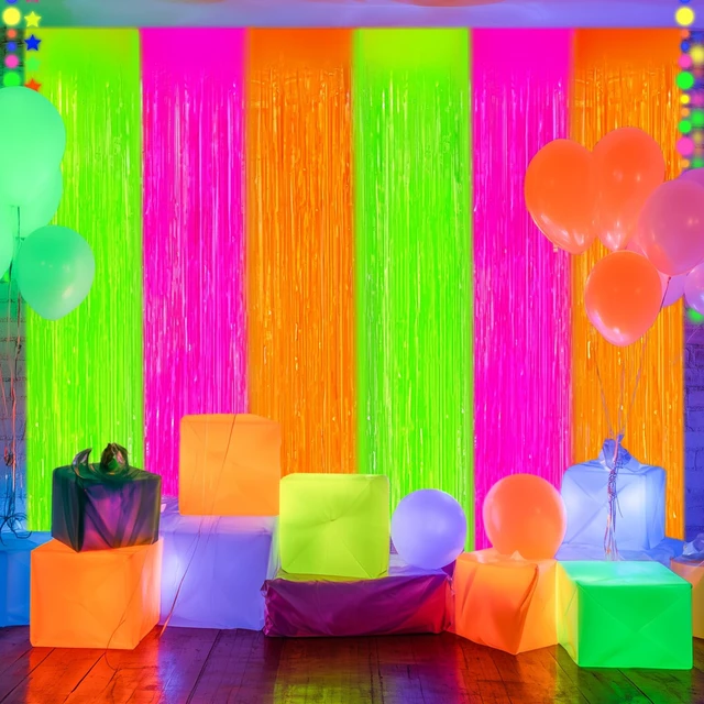 Alt view image 2 of 7 - Glow in The Dark Party Supplies 4 Pack Neon Party Decorations Foil Fringe Curtains 3.3x6.6 ft Fluorescent Green Pink Orange Tinsel Streamers Glow Backdrop Photo Props