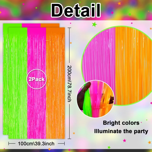 Alt view image 3 of 7 - Glow in The Dark Party Supplies 4 Pack Neon Party Decorations Foil Fringe Curtains 3.3x6.6 ft Fluorescent Green Pink Orange Tinsel Streamers Glow Backdrop Photo Props